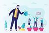 A teacher waters his students who are growing in flowerpots