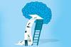 A cartoon of a tiny scientist reading a paper output of Chemistry knowledge from a giant brain