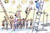 Tiny students climbing ladders among lab equipment as directed by a teacher to claim chemistry prizes