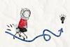 A cartoon of a young person in a shopping trolley wearing an astronaut's helmet rolling towards a lightbulb