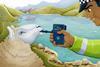 An image showing a policeman checking the methane content of a sheep's breath using a breathalyser