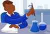 An image showing a male student dipping his pen into a conical flask containing ink