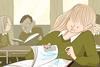 Illustration of female student revisiting earlier chapter in book and removing a cobweb from the pages, with other students sat behind her