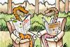 A cartoon showing two snakes chatting about snakebite research while each holding a newspaper