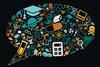 Speech bubble made up of icons of scientific things like test tubes and calculators