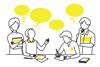 Four cartoon outline students with thought and speech bubbles