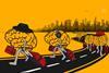 A cartoon of brain people pulling suitcases on wheels leaving a city