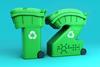 A digital illustration of wheelie bins shaped as a number 12, with the molecular structure for PET on the 2