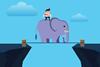 An illustration showing a student riding an elephant across a tightrope