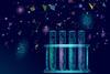An illustration of test tubes in a rack with polygon shapes behind
