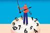 A person stands on the face of a giant disordered clock holding the hands up