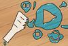 A cartoon of a broken glass flask revealing the shape of a play button in the spill