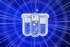 A graphic image in blue of three test tubes on a computer screen