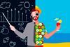 A split image of a teacher at a blackboard in a suit and on a beach in a flowery shirtwith a cocktail