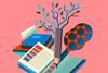 An illustration of a pencil taking notes growing into a tree with graphene in its shadow
