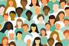 A cartoon of a large diverse group of people wearing green or white