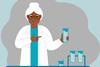 Cartoon of an elderly woman in a lab coat pointing at test tubes in a quizzical manner