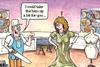 Cartoon showing workman with saw and hammer offering to take up the hem of a lady's dress. A mannequin is to her right and there are rolls of cloth disguised as tree trunks behind