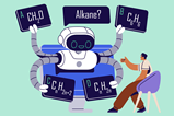 A teacher interacting with a robot on a screen who has written a question given four optional answers about the standard formula of alkanes