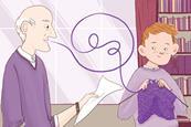 Illustration of male teacher speaking and young male student taking those words and knitting with them, depicting how reflecting on feedback improves results