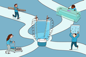 An image showing four students running on separate roads towards an intersection where a large electrochemical beaker is placed; each of the 4 students is holding a specific model used to explain electrochemical concepts