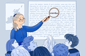 An image showing a female teacher pointing at a whiteboard and using a magnifying glass to highlight the word "conservation" to the class