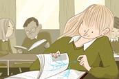 Illustration of female student revisiting earlier chapter in book and removing a cobweb from the pages, with other students sat behind her