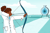 An image showing a female student dressed in a lab coat, holding a bow and aiming her arrow at the centre of a target shaped like a chemical round bottom flask