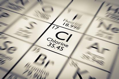 An image of the periodic table with chlorine in focus, showing its name, symbol, atomic number and mass