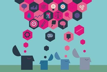 An illustration of hexagonal thoughts coming out of heads.