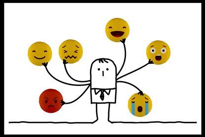 An image showing an expressionless man holding a range of emojis