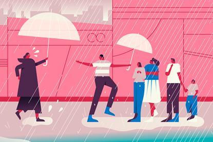 A woman with an umbrella rushes to cover a group of people in the rain