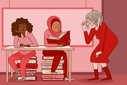 An image showing a teacher paying close attention to a female student who is reading from a book; a classmate is also present, and the two pupils are sitting on chairs made out of books