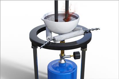 A 3D rendered model of the equipment required for electrolysis of molten lead(II) bromide, including gas burner, crucible and graphite rods