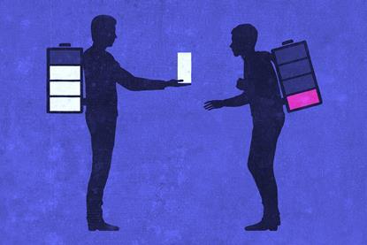 An illustration of two men wearing battery backpacks, sharing charge