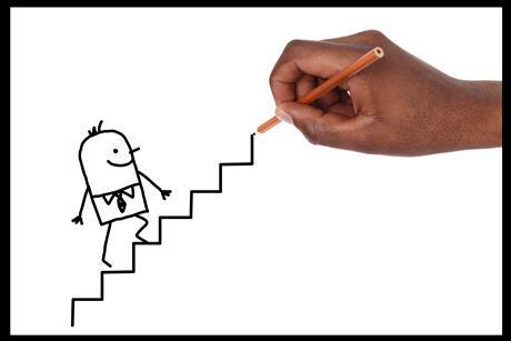 An image showing a hand drawing a staircase and a cartoon figure going up