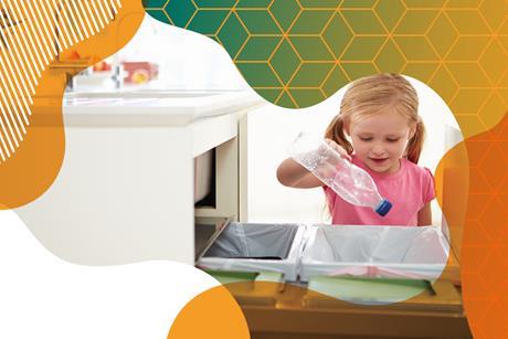 Photo of a young girl putting a plastic bottle into a household bin
