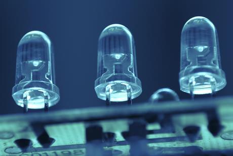Three light emitting diodes (LEDs) on a circuit board