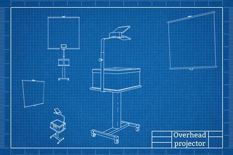 A blueprint style technical drawing of an overhead projector and screen