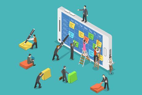 An illustration showing small teacher characters planning a weekly schedule, using large post-it notes, pens, ladders, on a large mobile phone