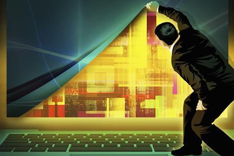 An illustration of a teacher looking behind a computer screen at technology