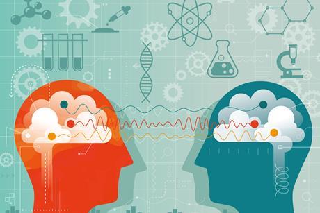 An illustration showing the outlines of the heads of two people against a background featuring scientific objects and diagrams