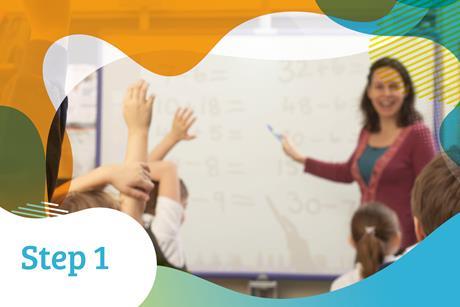 A class of school children raise their hands as their teacher points to sums on a whiteboard