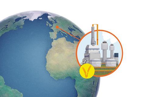 An image of an industrial plant linked to Germany on a  globe