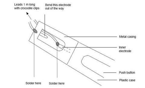 A diagram illustrating how to make a spark generator using a piezoelectric gas lighter